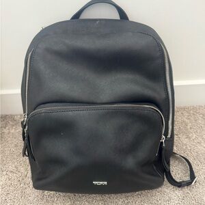 Tumi Black Leather Backpack with Silver Hardware
